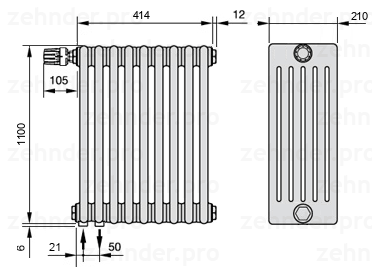 Схема (чертеж) Радиатор Zehnder Charleston 6110/9 №V001 Белый глянцевый RAL 9016